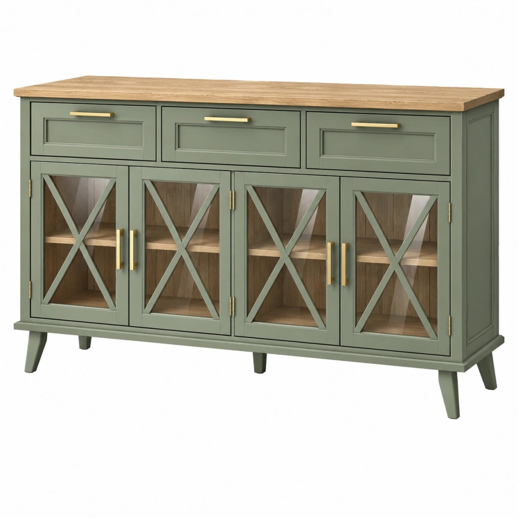 Komoda 160 x 45 x 90 cm z drewna zielona ze szklanymi drzwiami w stylu rustykalnym