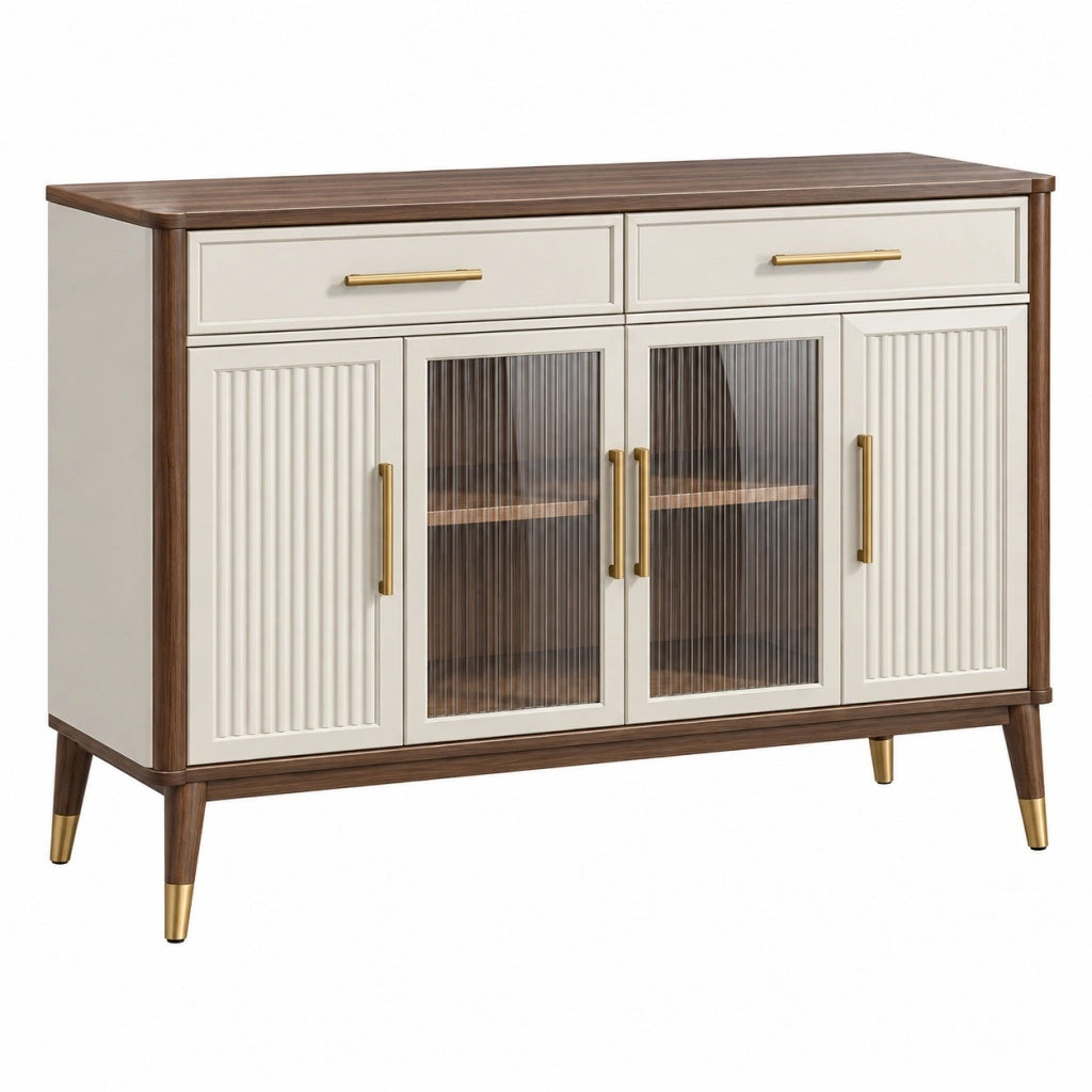 Komoda 150 x 40 x 90 cm z płyty meblowej beżowo-orzechowa ze szklanymi drzwiami w stylu retro
