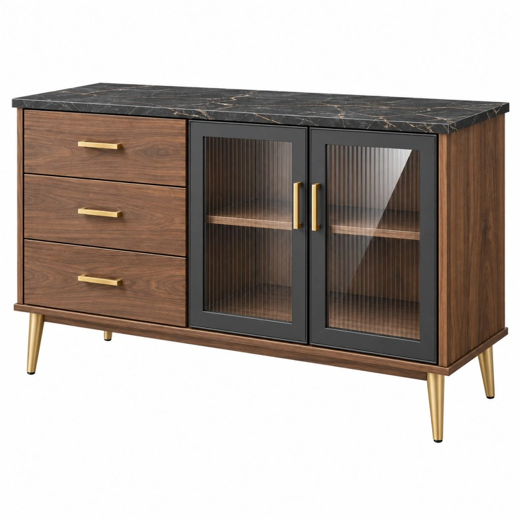 Komoda 150 x 40 x 85 cm z płytą meblową brązowa czarna ze szklanymi drzwiami w stylu modern classic